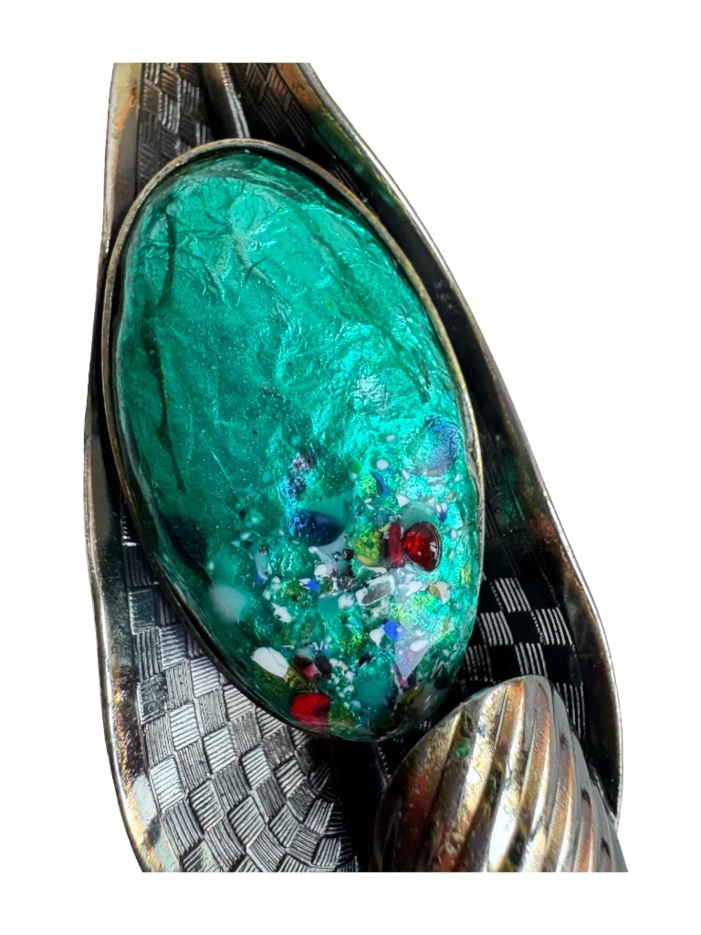Vintage Japanese Cloisonne Brooch Green Enamel Leaf Silver Tone Statement Pin